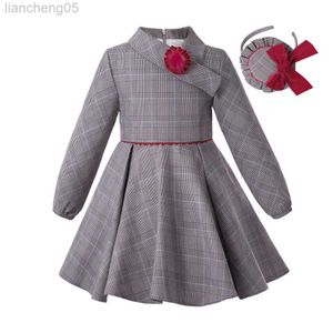 Flickans klänningar 2022 Fall Grey Christmas Vintage Casual Plaid Dresses Comes For Baby Girls With Hairband 345 6 7 8 9 10 11 12 Years W0314