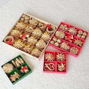 クリスマスの装飾11-56pcs手作りペンダント天然小麦ミニストロースタースノーフレークスノーマンクリスマスツリー装飾飾り飾り飾り
