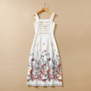 Summer Off Axel Square Neck Dress White Floral Print Paneled Pärled Rhinestone Mid-Calf Cotton Linen Elegant Casual Dresses 22Q151638