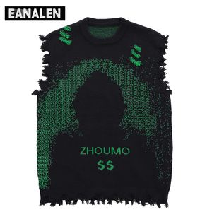 Men s Vests Harajuku black green tattered fringed sweater vest women s y2k Vintage oversized knitted ugly sleeveless men s aesthetic 230313