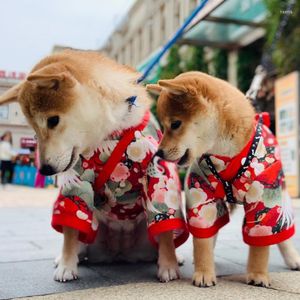 Hundkläder söt kreativ katt husdjur kläder japansk stil blomma tryckt bowknot kimono vår höstklänning kostymförsörjning