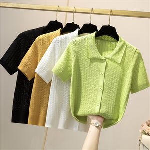 Women's T-Shirt Knitting Women's Ribbed Button Up Polo Shirt Female Chic Solid Short Sleeve Green Top Hollow Out Tees Purple Clothing 230314