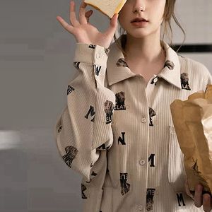 Women's Sleepwear QWEEK Women's Pajamas Bear Print Home Clothes Long Sleeve Autumn Pijamas Feminino Turn Down Collar Sleepwear Soft Nightie 230314