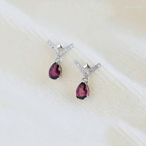 Stud Earrings Letter V-shaped Natural Crystal Water Drop Garnet Premium Short Light And Elegant