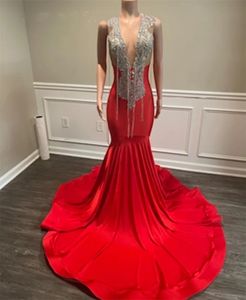 Red Satin Long Mermaid Prom Dresses For Black Girls Sparkly Beaded Crystal Birthday Party With Tassel Evening Gowns