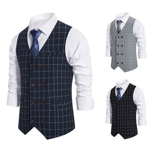 Mens Vests Lomemol Mens Suit Vest European Style Mens Plaid DoubleBreasted Vest Mens Suit Retro Vest 230313