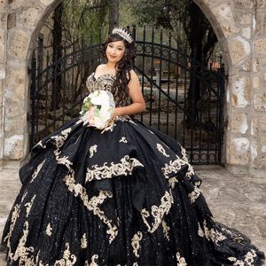 Czarna błyszcząca ukochana suknia balowa Quinceanera sukienki vestidos de 15 anos aplikacja kryształ tiulowy księżniczka