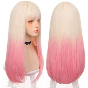 Syntetiska peruker Houyan Långt rakt hår Syntetiska peruk Girl Pink White Gradient Bangs Cosplay Lolita Party Heat Motion Wigs 230314