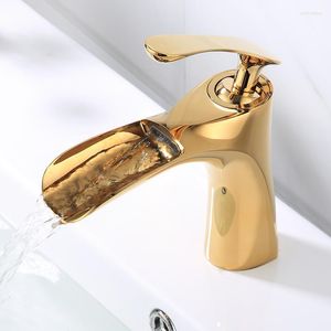 Bathroom Sink Faucets Gold Basin Solid Brass Mixer & Cold Single Handle Deck Mounted Lavatory Waterfall Taps White/Nickel