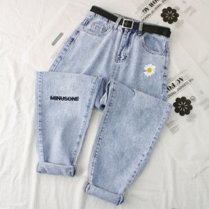 Frauen Jeans Daisy Stickerei Denim Jean Women Hohe Taille Jeans Plus Size Denim Harem Hosen Mujer Vintage lässige Jeans Straight Women Pant 230314