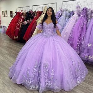 Quinceanera Dresses Princess Purple Off Off Sweetheart Aptliquesクリスタルボールガウン