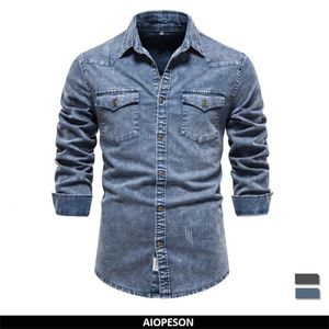 Mäns casual skjortor aiopeson bomullsmän denim skjortor dubbelficka fast färg casual cowboy tröjor hösten smala kvalitetsskjortor för män 230314