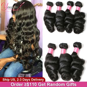 Spetsspärrar Younsolo Loose Wave Bundles Brasilianskt mänskligt hår Remy 1 3 4 PCS Lot Natural Black 100 230314