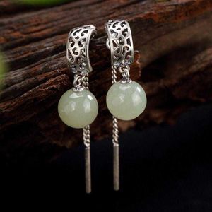 Charm Ladies green long section Chinese style natural Hetian white jade inlaid round bead earrings exquisite fashion jewelry AA230311