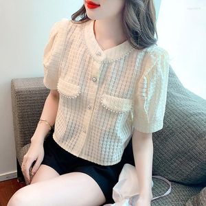 Women's Blouses Fashion Cute Ladies Tops Spring Sleeve Chiffon Women Casual Round Neck Summer Short Shirt Blusas Mujer 24581