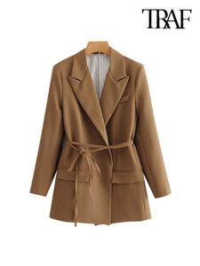 Damskie garnitury Blazers Traf Women Fashion z związanymi opakowanymi płaszczami płaszcz w stylu vintage długie kieszenie na długie rękawy żeńskie eleganckie topy 230313