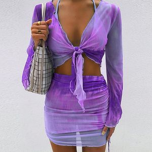 Saias de verão Mesh de manga longa Mini Mini Two Piece Filiado Conjunto de moda impressa Roupas de moda Veja através da saia Y2K Bodycon 230314