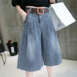 Pantaloncini da donna Jeans estivi per donna Pantaloni in denim a gamba larga a vita alta con tasche Mezza jeans blu femminile 230314