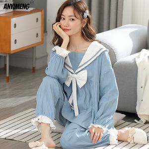 Kvinnors sömnkläder Kvinnors pyjamas Princess Style Cotton Spring Fall Navy Collar Pyjamas Asiatisk storlek Bow Sky Blue Kawaii Pyjamas Korean Youth PJ Set 230314