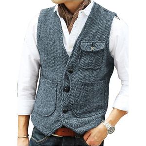 Mens Västar Casual Tooling Vest Formal Herringbone Tweed Brown V Neck Wool Waistcoat Business Vest Groomman For Wedding Prom 230313