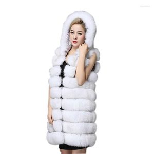 Women's Fur Europe Fashion 2023 Winter Long Faux Vest Women Coat med huva Gilet ärmlös jacka Mex S-3XL