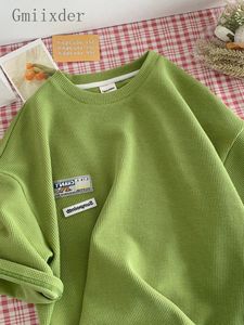 Kvinnors t-shirt gmiixder olivgrön våffla t-shirt lös all-match high street enkel kortärmad t-shirt män kvinnor lapp design harajuku topp 230314