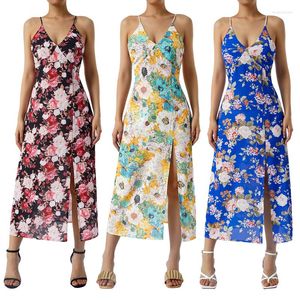 Casual Dresses Women Sexy Slit Dress Floral Printed Pattern Deep V-neck Spaghetti Strap Onepiece Blue/ Brick Red/ Yellow/ Black