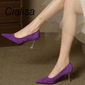 Elbise Ayakkabı Cialisa Bahar Kadınlar için Seksi Siparişli Ayak Parçası Purple Kid Süet Pompalar Düğün Partisi Slip-İnce Yüksek Topuk Leydi Ayakkabı