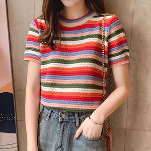 Women's T Shirts Women 2023 Summer Short Sleeve O-neck Tee Tops Female Fashion Striped Knitted Sweaters Loose Casual L75