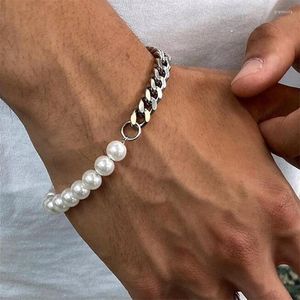 Link Bracelets Trendy Simple Beads Chain Men Bracelet Imitation Pearl Bead Stainless Steel Cuban For Jewelry Gift