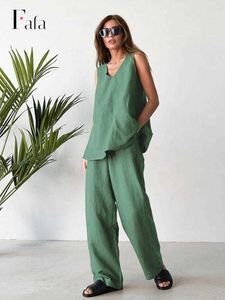 Pantaloni a due pezzi da donna Donna senza maniche in cotone e lino Set da 2 pezzi Casual con scollo a V Botton Vest e pantaloni dritti Outfit 2022 Abiti da casa allentati di moda L230314