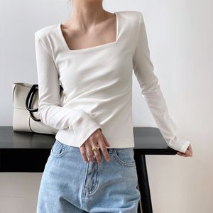 Women's T-Shirt Women's French Square Neck Tops Spring Korean Temperament Leak Collarbone Long-sleeved T-shirt Pad Shoulder Bottoming Shirt 230314