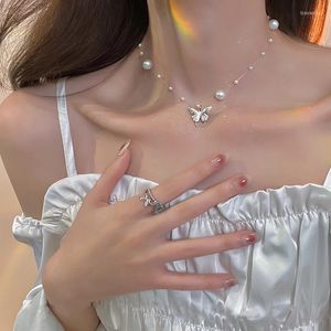 Pendant Necklaces Honeypotson Pearl Butterfly Necklace Female Light Luxury Niche Design Sense Premium Clavicle Chain 2023 Choker