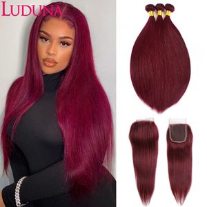 Hair pieces Luduna Burgundy 99j Human Bundles With Closure Brazilian Straight Red Colored 3 4 4x4 Lace 230314