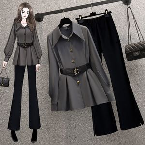 Women's Two Piece Pant Graceful Shirt with Waist Belt Spring Autumn 2023 Office Lady Casual Blouse High Flare Pants Pieces Set Trousers 230313