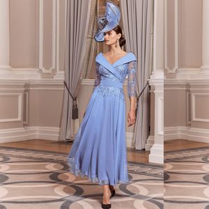 Elegante Spitzenmutter der Braut Kleider Ein Linie Perlen Hochzeitsgastkleid Langarme gegen Ausschnitt Knöchel Länge Chiffon Abendkleider