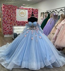 Princess Sky Blue Ball Gown Quinceanera klänningar för flickor 2023 från axelpärlade födelsedagsfestklänningar 3D -blommor prom klänningar