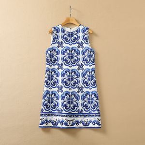 Summer Sleeveless Mini Dress Round Neck Blue Paisley Blue and White Porcelain Print Short Elegant Casual Dresses 22Q151638