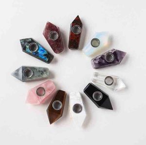 Natural Fluorite Quartz Crystal Pipe 11 styles Smoking Cigarette Stone Tobacco Hand Filter Spoon Pipes With Metal Bowl Mesh Tool Short Style