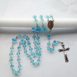 Anhänger Halsketten Diyalo Jungfrau Maria Christus Jesus Kreuz Halskette Katholisch Transparent Blau Rosenkranz Perlen Frauen Männer Schmuck Geschenk