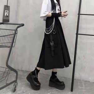 Kjolar hög midja lastkvinna harajuku lös aline ficka midi lång svart kjol hip hop mode streetwear överdimensionerad 230313