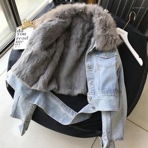 Women's Fur & Faux 2023 Fashion Winter Women Warm Coat Real Collar Natural Hair Liner Denim Jacket Slim Jean Thick Outwear HHPC33