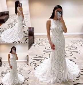 Open Back Fishtail Beach Wedding Dress 2023 Round Neck Sexy Sleeveless Mermaid Boho Bride Dress Ivory Plus Size Women Brautkleid Robe De Mariee Country Bohemian