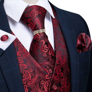 Gilet da uomo Mens Classic Party Wedding Gilet di seta Paisley Jacquard Gilet Gilet Red Pocket Square Tie Ring Gemelli Suit Set DiBanGu 230313