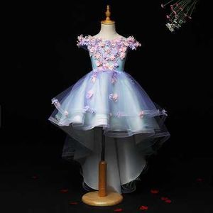 Abiti da ragazza Tulle azzurro Abiti da ballo principessa Abito da tutu da sposa per ragazza Appliques con perline Abiti da ragazza di fiori per feste Abiti da ballo W0314