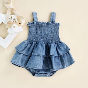 Rompers Lovely Baby Summer Denim Casual Rompers Toddler born Baby Girls Sleeveless Strap Elastic Layered Romper Jumpsuits Dress 230313