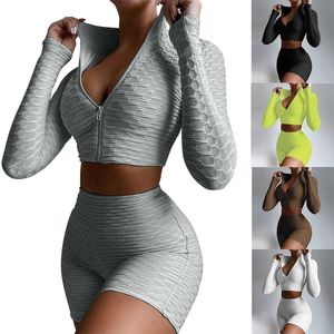 Women's Short Seamless Strethy Tracksuit Solid Color Long Sleeve Crop Top Pants Set Sexy Zipper Workout Tops Fitness Leggings 230314