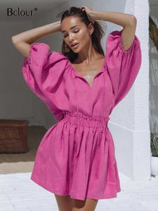 Women's Two Piece Pants Bclout Pink Linen Dress Suits Women Summer Lantern Sleeve Loose Top Elegant Pleated Mini Skirts Set 2 Pieces Woman Outfits 2022 L230314