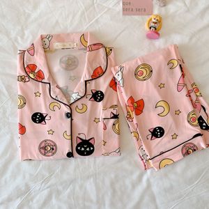 Pijamas impressos de anime para dormir feminino para mulheres de manga comprida Cotton Lowear Rosa Pijama Mujer Feminino Nightsuit Harajuku Dropship 230314