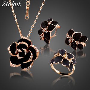 Wedding Jewelry Sets Fashion Rose Flower Enamel Jewelry Set Rose Gold Color Black Bridal Jewelry Sets for Women Wedding Selling Products 230313